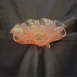Vintage Pink Depressio Glass Hobnail Ruffled Top 3 Foot Dish Bowl Candy